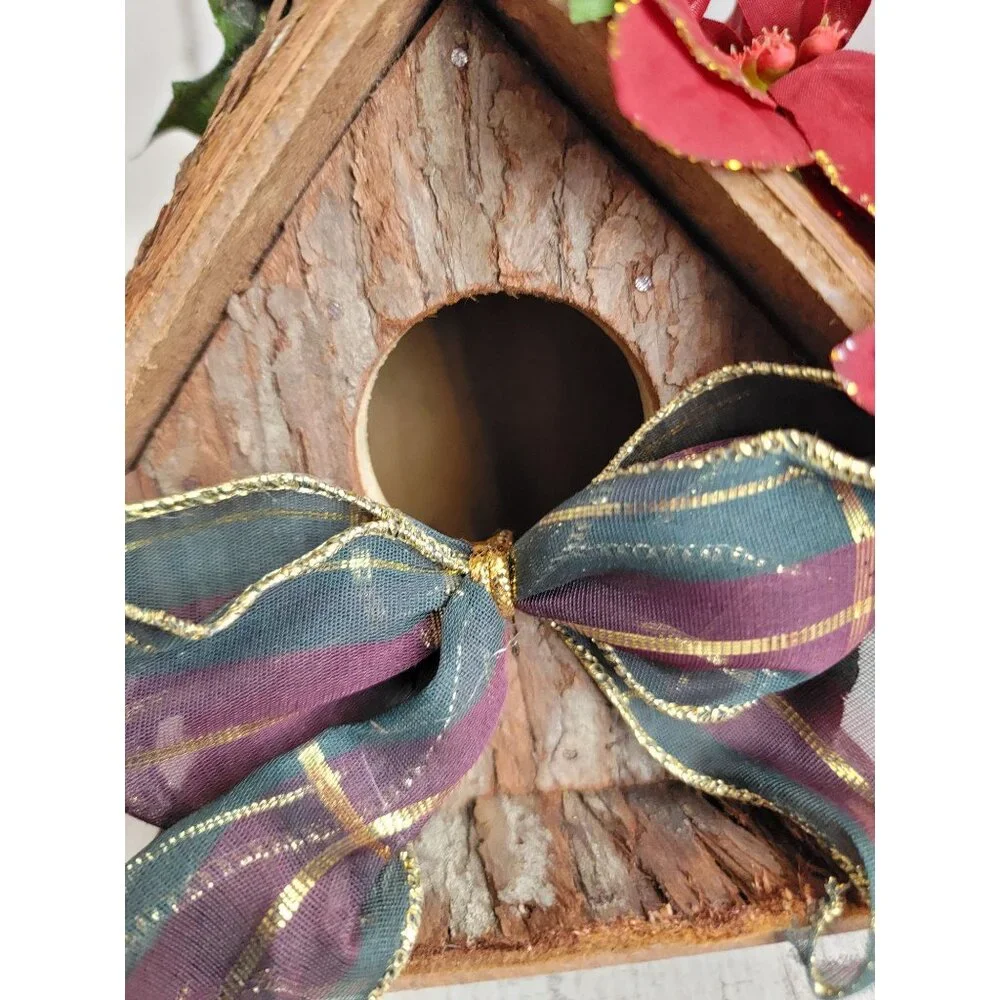 Wooden Birdhouse ponsieta bow holiday xmas decor home‎